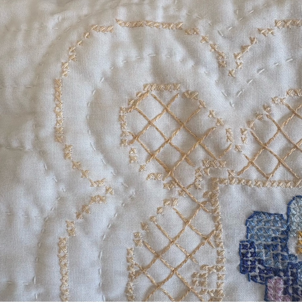 Handmade Quilted Cross Stitch Embroidered Butterfly & Floral Cotton Pillow Sham - Picture 9 of 15